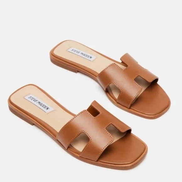 Steve Madden HADYN COGNAC LEATHER Brown Slide Sandals - Picture 2 of 9